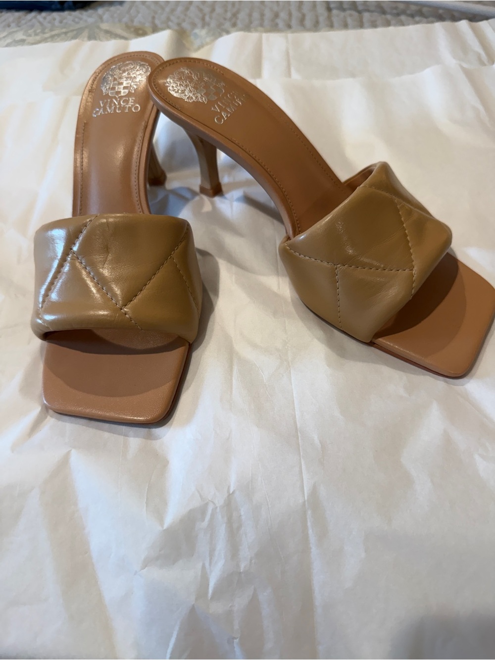 Vince Camuto Alerti Quilted Leather Square Toe Kitten Heel Mules